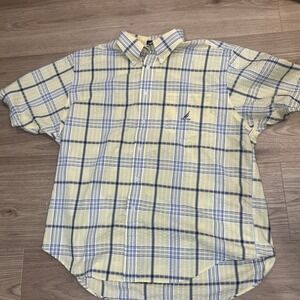 Nautica Button Up Shirt Men's XL Yellow Blue Plaid Seersucker Short Sleeve